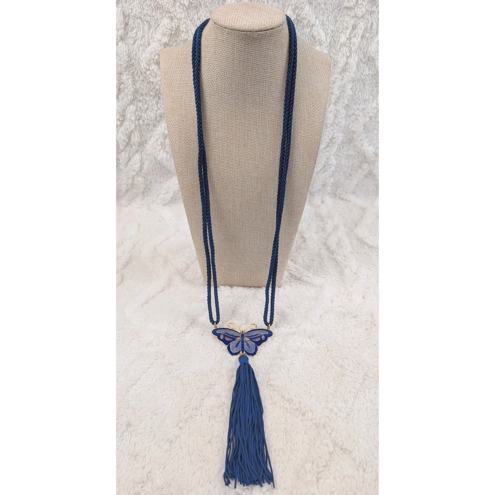 Vintage Cloisonne Enamel Butterfly Tassel Necklace Blue Braided Cord Gold Tone